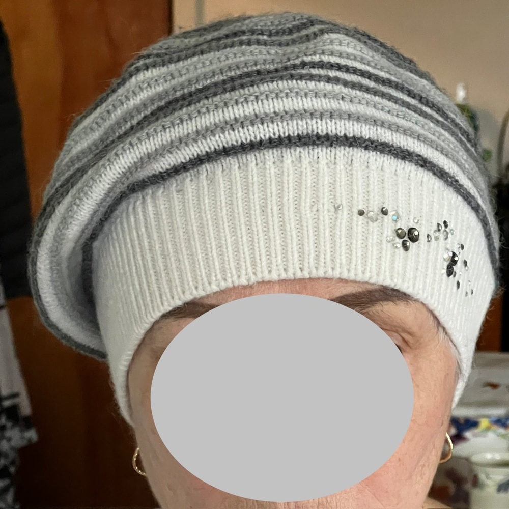 Stylish Gray Striped Beanie with Rhinestone Detail 70 % wool 30% acrylic, Russia
